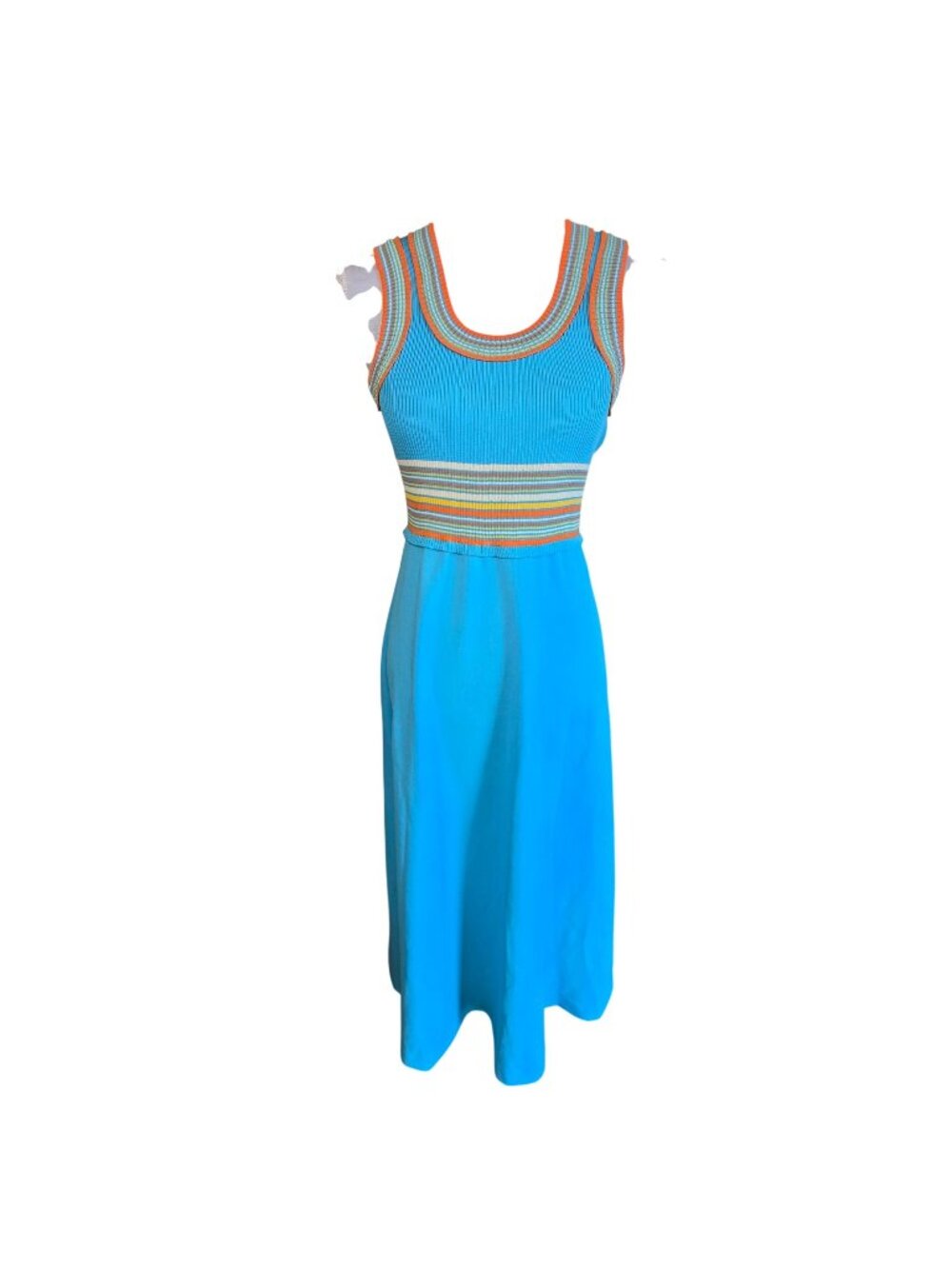 Vintage 70s Giamo Knits Turquoise Maxi Dress XS Striped Rib Knit Trim A-Line